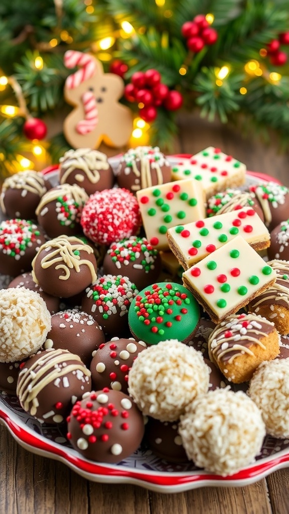 40 No-Bake Christmas Cookies and Treats An assortment of no-bake Christmas cookies and treats on a festive platter, surrounded by holiday decorations.